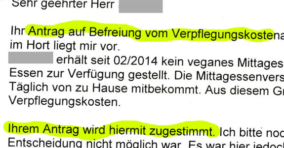 Befreiung vom Verpflegungsanteil der Hortkosten